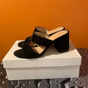 Beautiful black strappy suede mules
